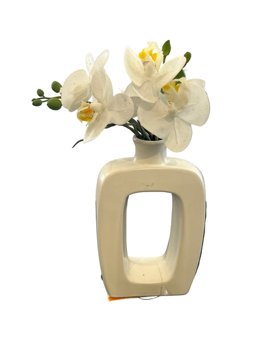 White orchids in a vase on a reflective surface with a dark background