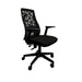 Black office chair with white protective cover on a gray floor.