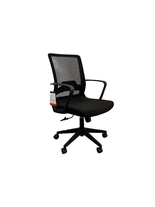 Black office chair in a room with white curtains and a carpeted floor.