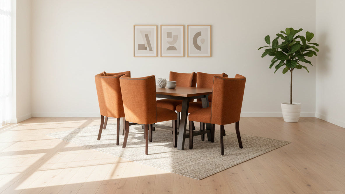 Dining room with a wooden table and orange chairs, light wood flooring, and a plant.