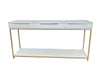White console table with gold legs and trim against a white backdrop