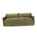 An olive green upholstered loveseat or sofa shown from an overhead angle, positioned on a gray carpet next to a white draped fabric in an indoor showroom or studio setting.