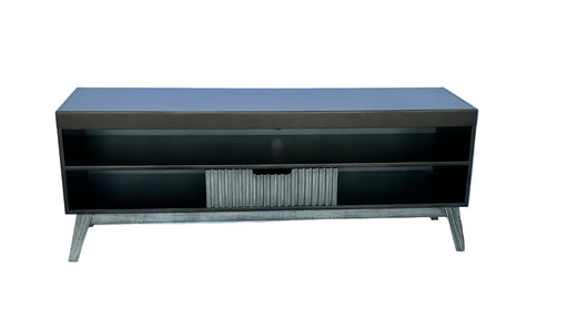 Black entertainment console with shelves against a white curtain background