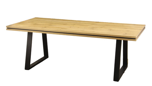 Wooden table with black metal legs on a neutral background