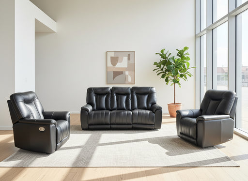 Black leather recliner sofa set in a showroom with people and furniture in the background