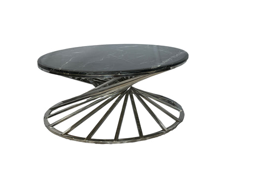Round table with marble top and metallic base on a white background