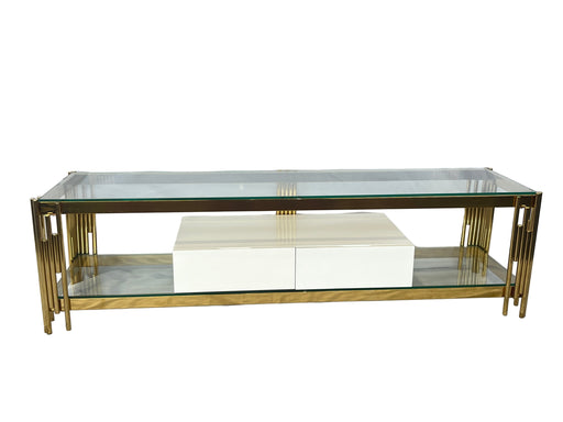 Glass TV Stand with gold metal frame on a white background