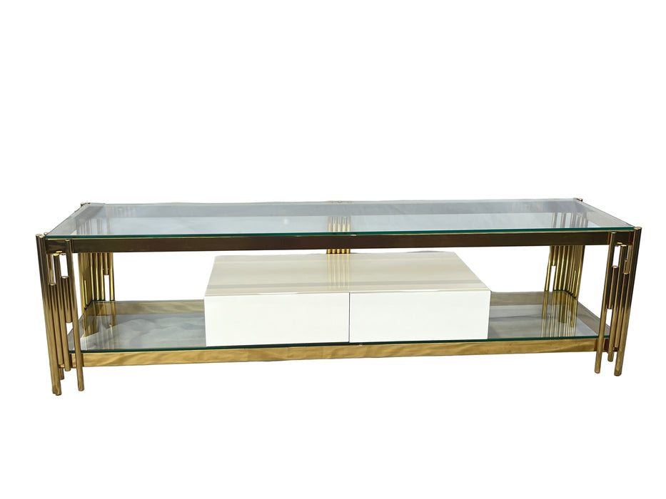 Glass TV Stand with gold metal frame on a white background