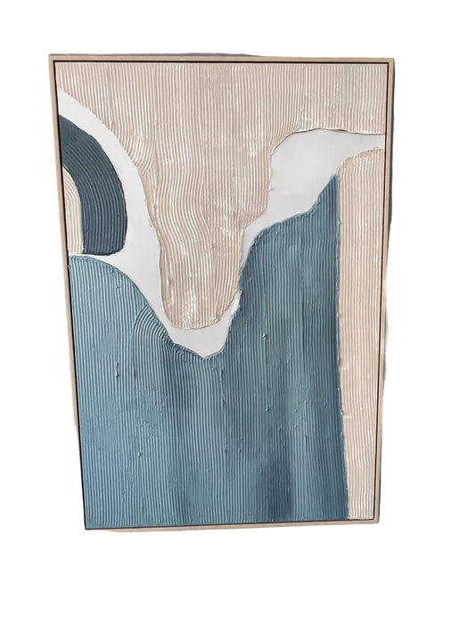 Abstract art piece with wavy patterns in blue, beige, and white on a gray wall.