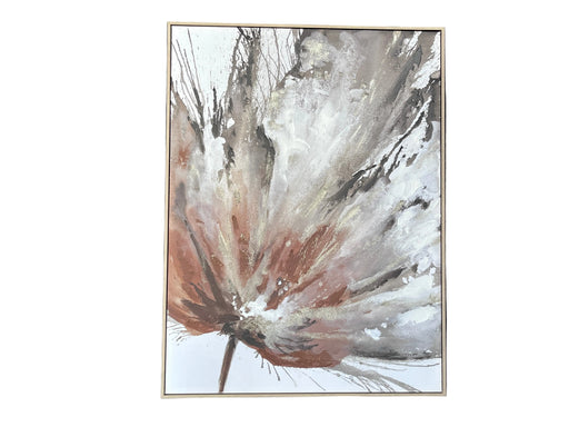 Abstract painting with brown and white tones in a black frame.