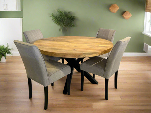 Round wooden table with four gray chairs on a white background