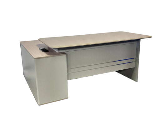 Gray office desk with a white draped backdrop