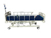 Hospital bed with blue mattress on a white background