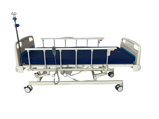 Hospital bed with blue mattress on a white background