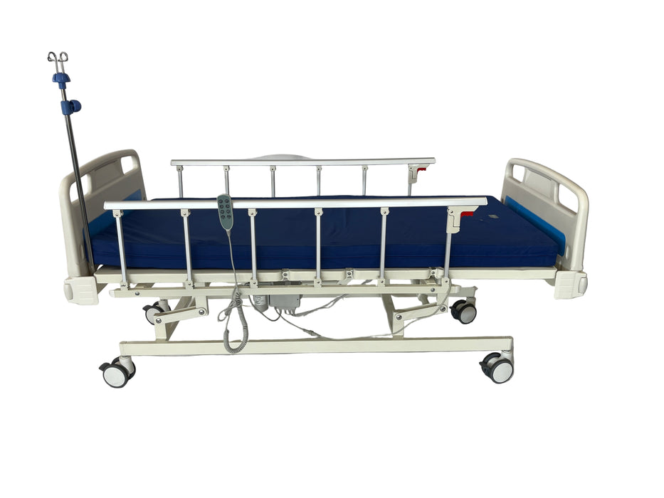 Hospital bed with blue mattress on a white background