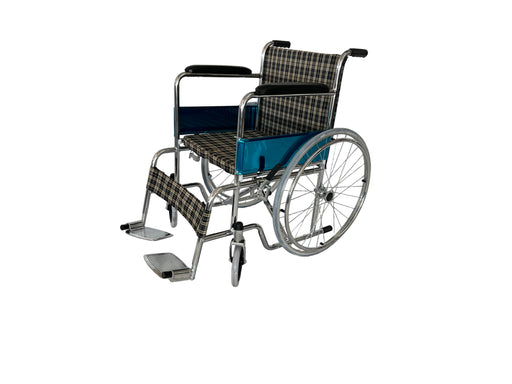 Wheelchair with a checkered seat cover on a white background