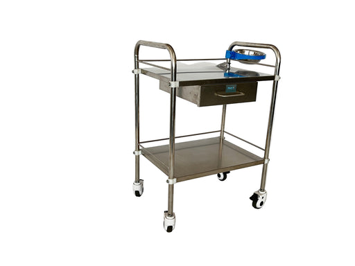 Stainless steel trolley with a drawer on a white background