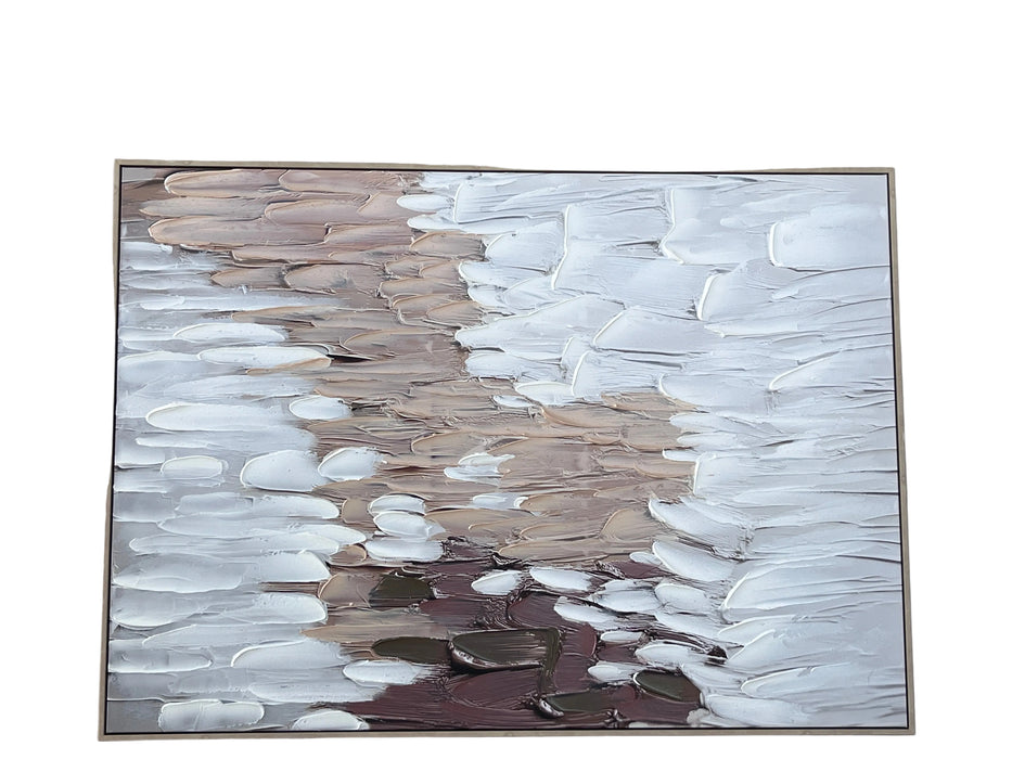 Abstract art piece with brown, white, and gray colors on a wall.