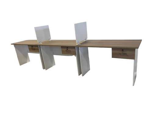 Wooden desk with a clear partition on a white draped background