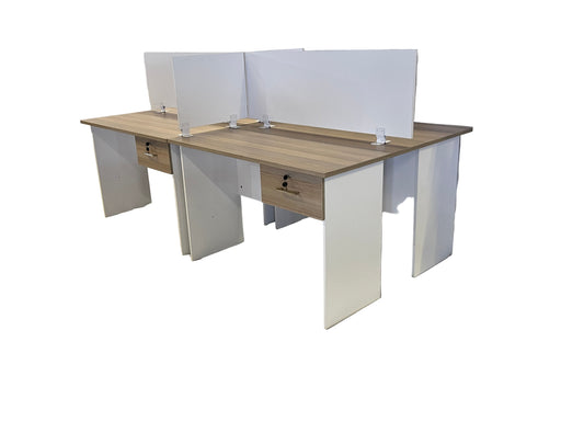 Two office desks with partitions on a white draped background