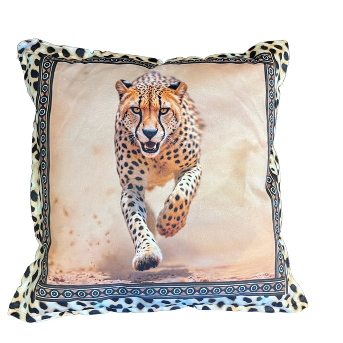 Decorative pillow with a leopard print on a dark blue sofa