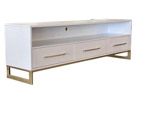 White TV stand with gold handles in a showroom setting