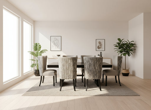 Dining table set with six chairs in a room with white walls and carpeted floor.