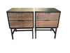 Two nightstands with woven design on a carpeted floor
