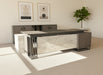 Modern kitchen island with marble countertop and metal base in a showroom setting.