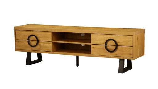Wooden TV stand with circular handles on a wooden floor.