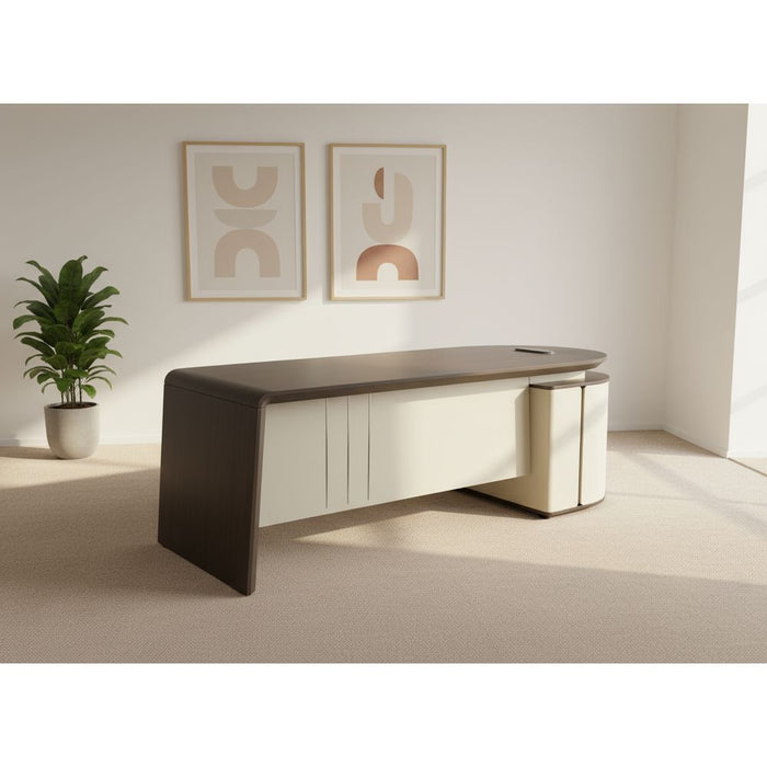 Modern office desk with a dark brown top and light beige sides against a white backdrop.