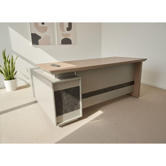 Beige office desk with a white curtain in the background