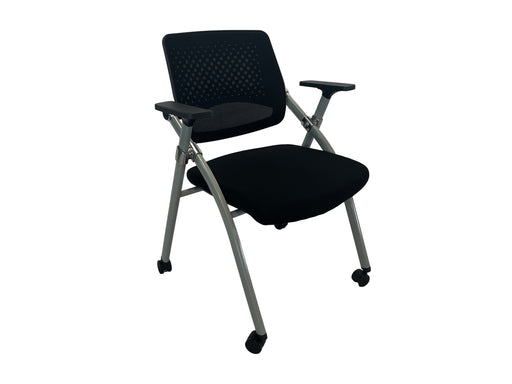Black folding chair with wheels on a white background