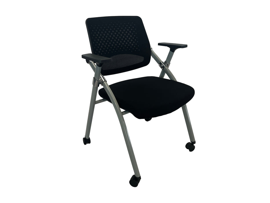 Black folding chair with wheels on a white background
