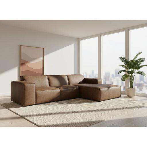 Brown sectional sofa on a white sheet with boxes in the background