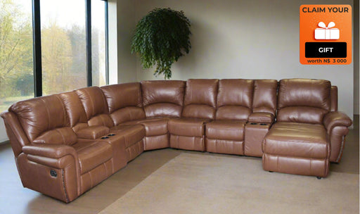 7PCE JERSEY CNR L/SUITE SIENNA BROWN FULL LEATHER GRAFTON EVEREST