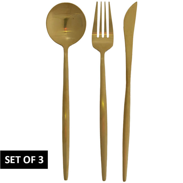 KNIFE, FORK, SPOON SET/3 GOLD PVD TRAN