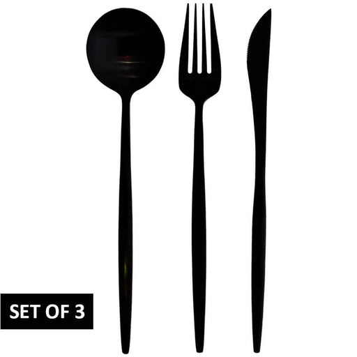 KNIFE, FORK, SPOON SET/3 BLACK PVD TRAN