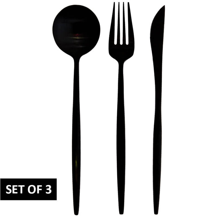 KNIFE, FORK, SPOON SET/3 BLACK PVD TRAN