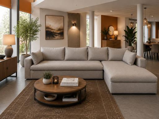 A large light beige sectional sofa with a chaise lounge in a modern, well-lit living room. The sofa is styled with matching throw pillows and is positioned on a brown patterned area rug with a round wooden coffee table in front of it.