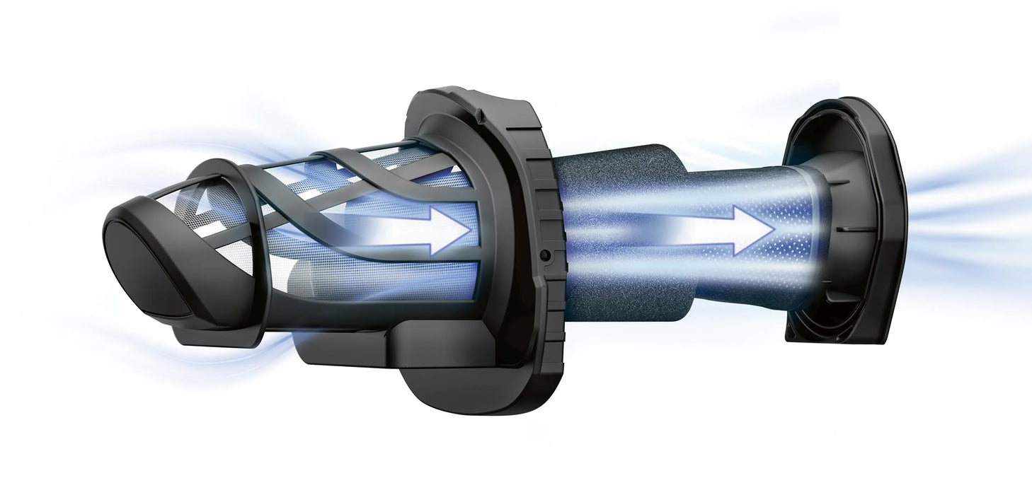 Technical drawing of a cylindrical component with arrows indicating flow or movement on a white background