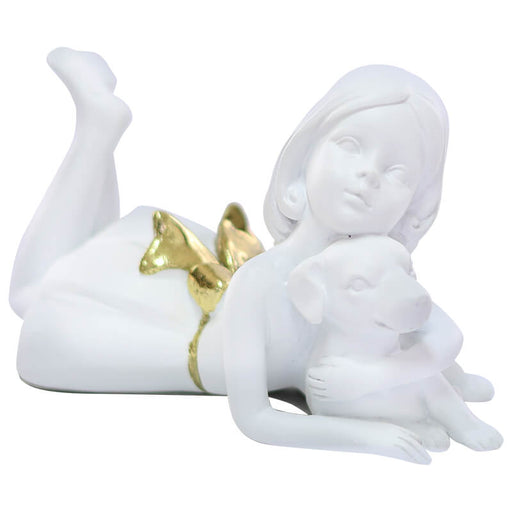 LYING GIRL WITH DOG GOLD 9X15X9CM TRANS NATAL CUT GLASS
