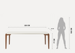 Dining table with dimensions and a silhouette of a person for scale on a white background