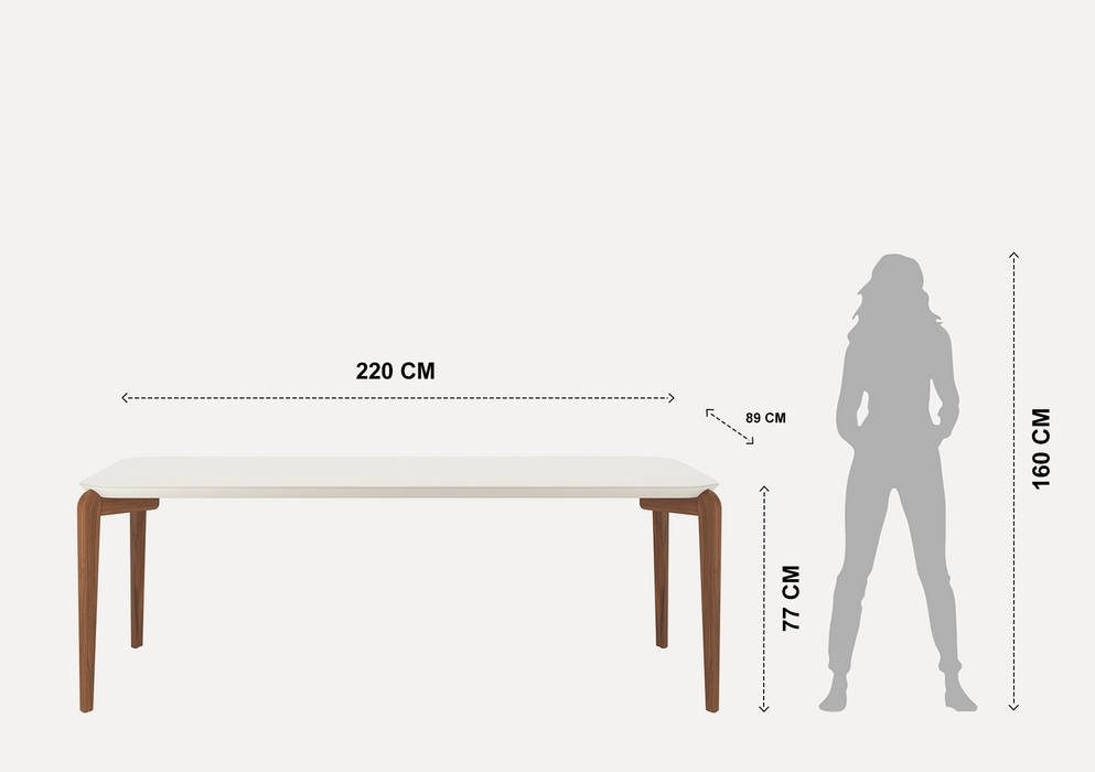 Dining table with dimensions and a silhouette of a person for scale on a white background