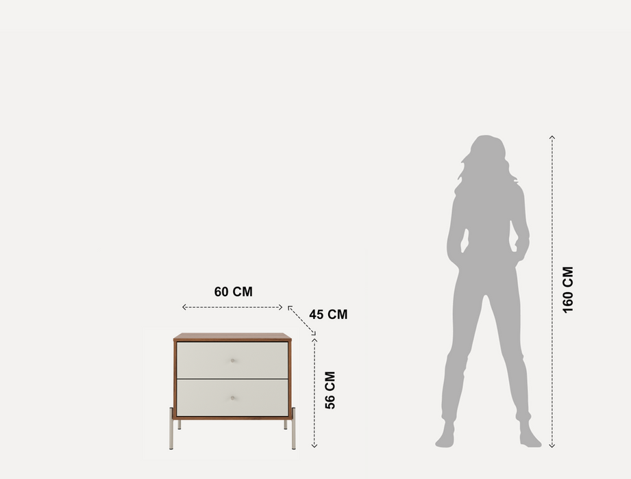 Measurement chart showing a dresser with dimensions and a silhouette of a person for scale.