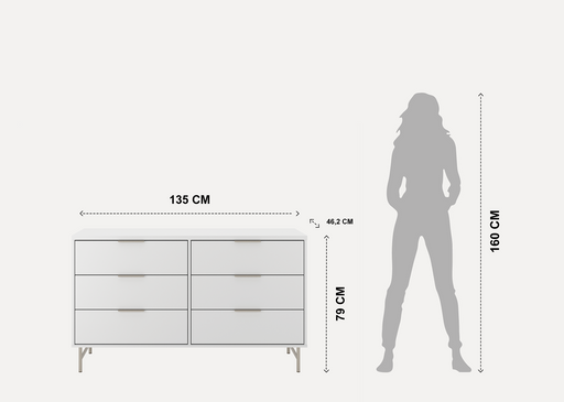 Furniture dimensions with a silhouette of a person for scale on a white background