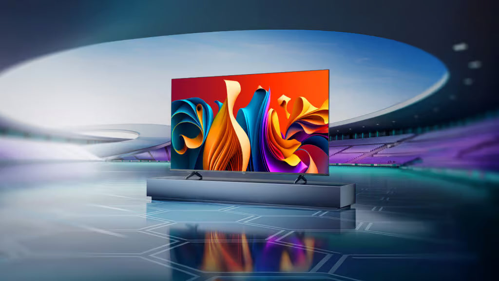Hisense TV Modern television displaying vibrant abstract art in a futuristic setting | Nictus Namibia