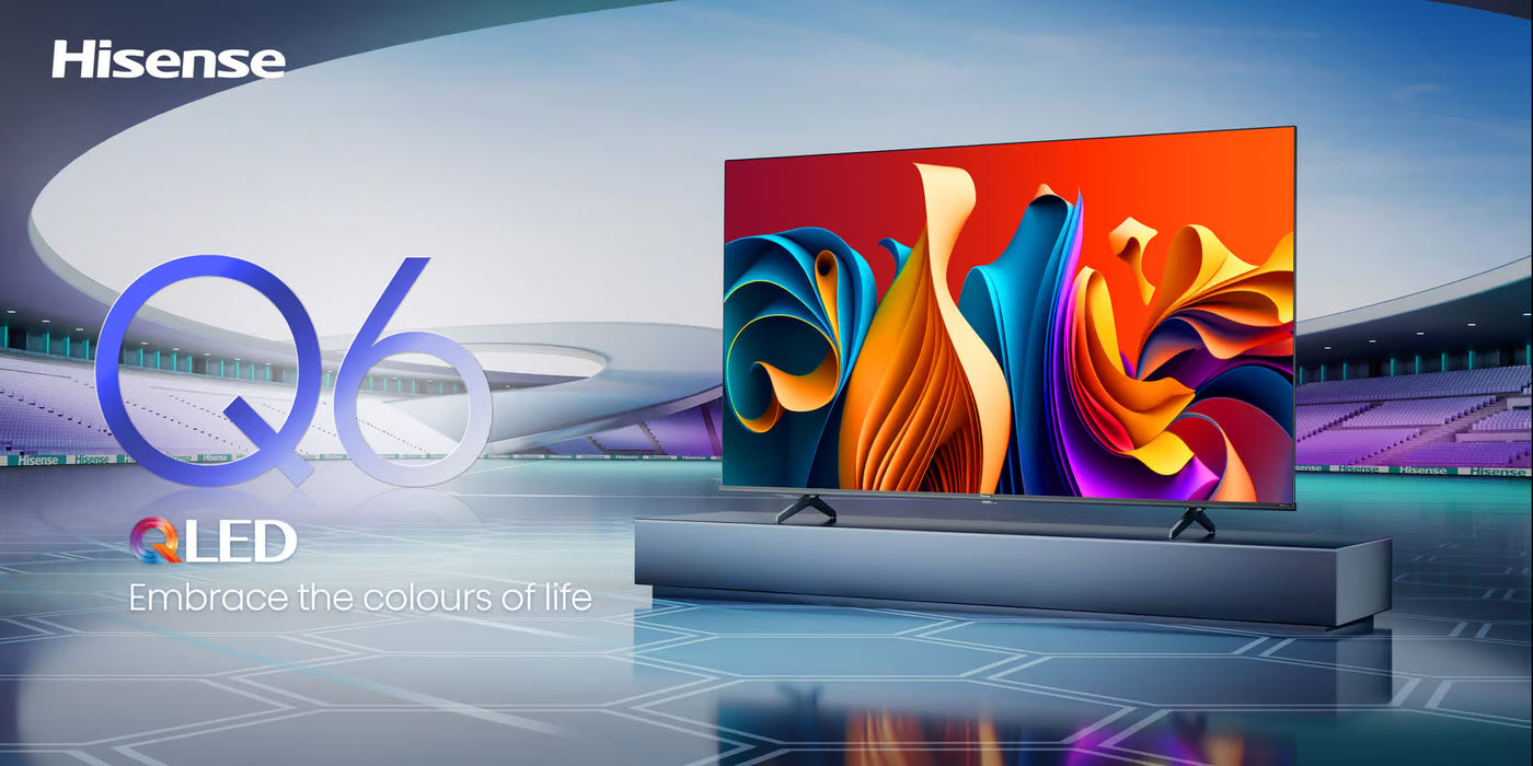 Hisense QLED TV displaying vibrant colors with a modern building in the background | Nictus Namibia