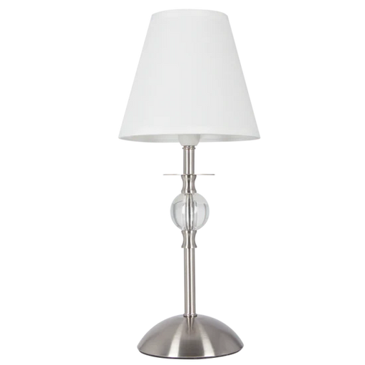 ACRYLIC & CHROME TABLE LAMP W/ WHITE LINNEN L/SHAD NOLDEN BROTHERS WOODEN