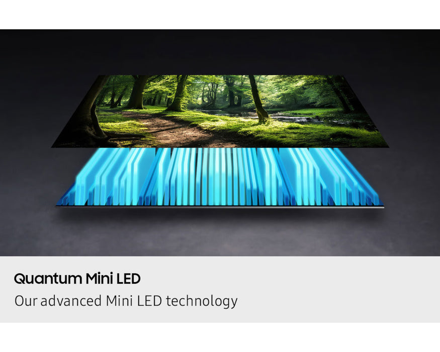 Quantum Mini LED display showing a forest scene with 'Our advanced Mini LED technology' text.